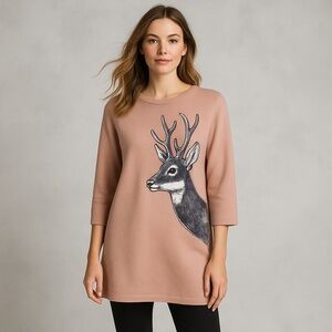 Pink Wool Blend Deer Appliqué 3/4 Sleeve Sweater Cozy Winter Tunic NWOT